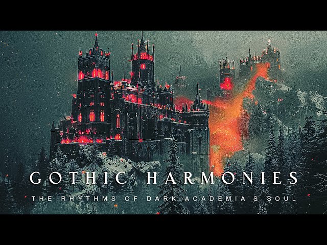 Gothic Harmonies: The Castle's Red Glow Pulses with the Rhythms of Dark Academia’s Soul