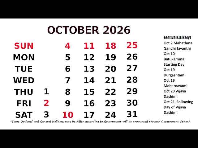 October Calendar 2026