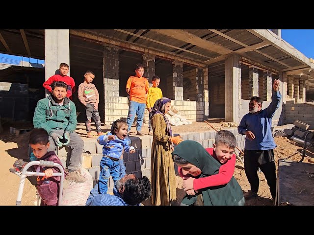 Rural family. Cleaning up construction debris and hours of labor by the Peren family