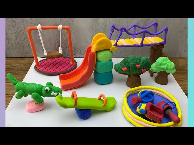 DIY How to Make miniature Polymer Clay Playground set with swing, slide, sand pool | Playground clay