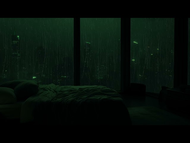 Relaxing Rain Ambience in a Quiet Room with a Dreamlike View of a Foggy, Green Metropolis