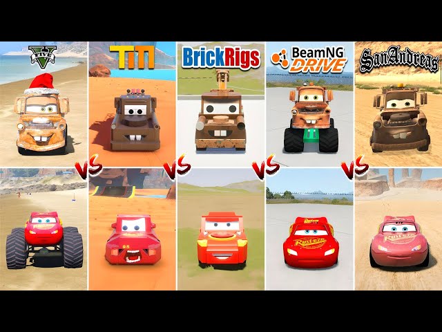 GTA 5 TOW MATER vs LIGHTNING MCQUEEN vs BEAMNG DRIVE vs GTA SA vs TRAILMAKERS vs BRICKRIGS