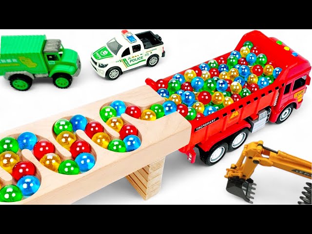 Marble Run ASMR Race ☆ HABA Slope & Dump Truck Excavator Ambulance Forklift Garbage Truck Tractors28