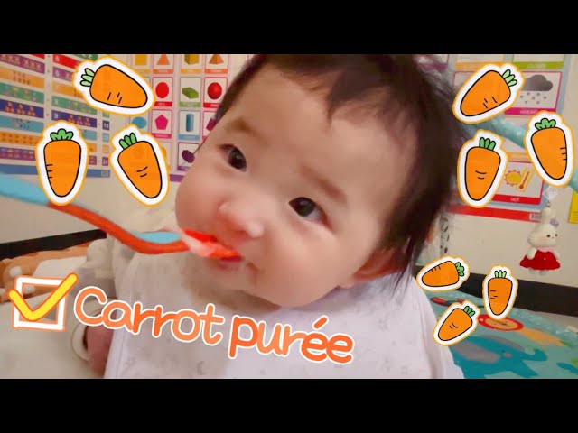 Tiny tastes: baby tries new food (carrot purée) baby food’s journey #babyValerie #hungrybaby #baby