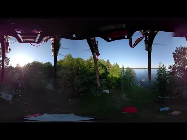 High 360 shot of the cabin with kids playing underneath