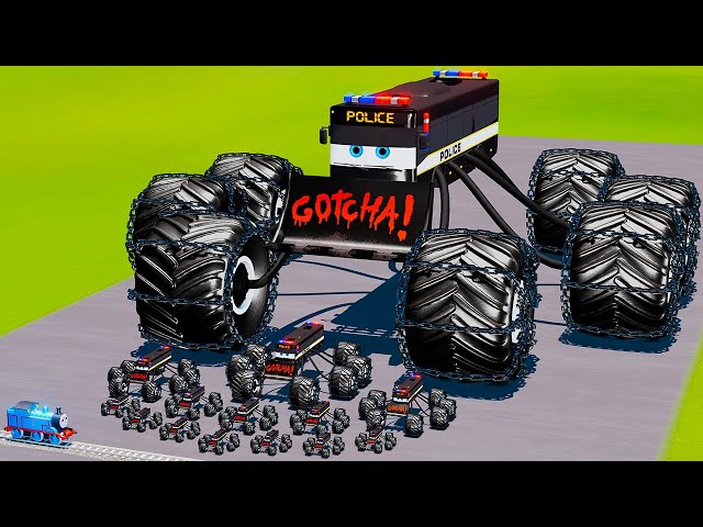 Big & Small Police Spider Long Bus Ram Spiked Thorns McQueen Monster Truck vs Thomas BeamNG.Drive