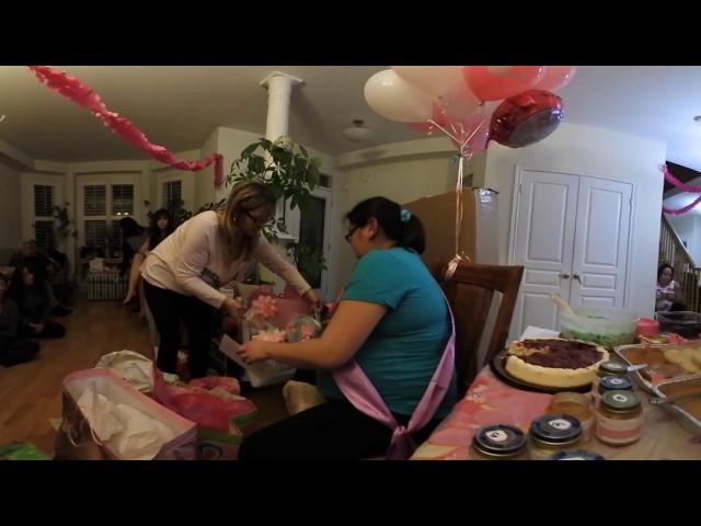 Kristen opening baby shower gifts 360