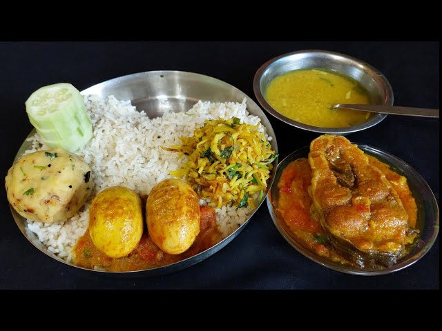 egg curry fish curry dal bunah potato fry and rice today i eating | eating show in bengali