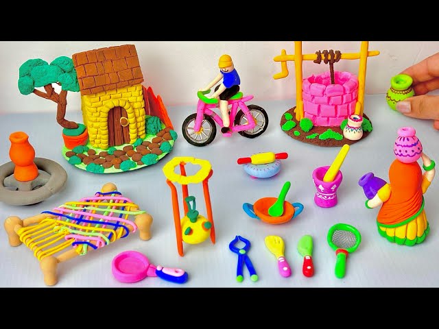 DIY How to make polymer clay miniature House, Kitchen set, Cycle, Doll Milkman, Hand pump| Dollhouse