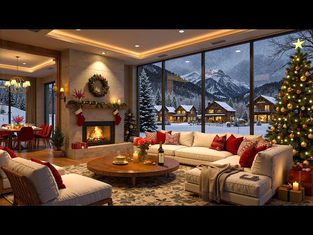 Relaxing Christmas Jazz Music🎄4K Cozy Living Room with Snowfall & Fireplace for Relax, Study, Work