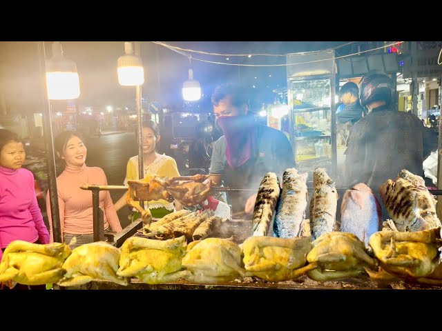 Popular Cambodian street food 2024 - At night Tasty various grilled chicken, fish, pork, duck & more