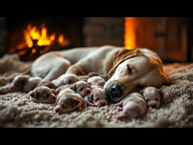 Labrador with puppies sleeps by a cozy fireplace