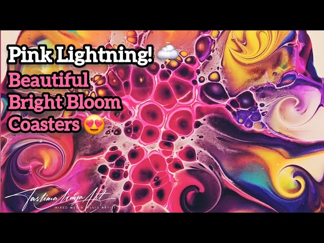 Acrylic Pouring: STUNNING Bloom Coasters with PINK LIGHTNING Effect! 🌩💗 😍