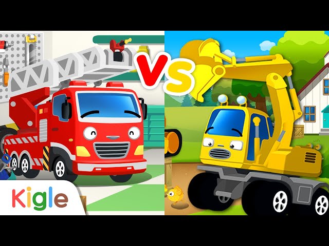 Mobil Merah vs Mobil Kuning | Mobil Anak anak | Truk Damkar Excavator | Kigle TV Indonesia