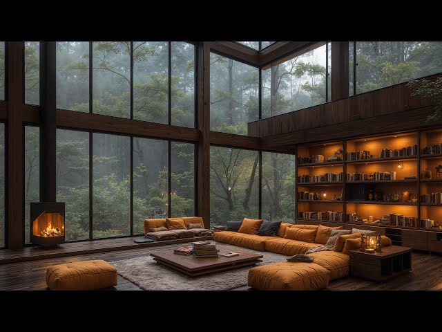 Rainy Jazz Music - Relaxing Piano Jazz Music and Crackling Fireplace at Cozy Cabin Ambience for Calm