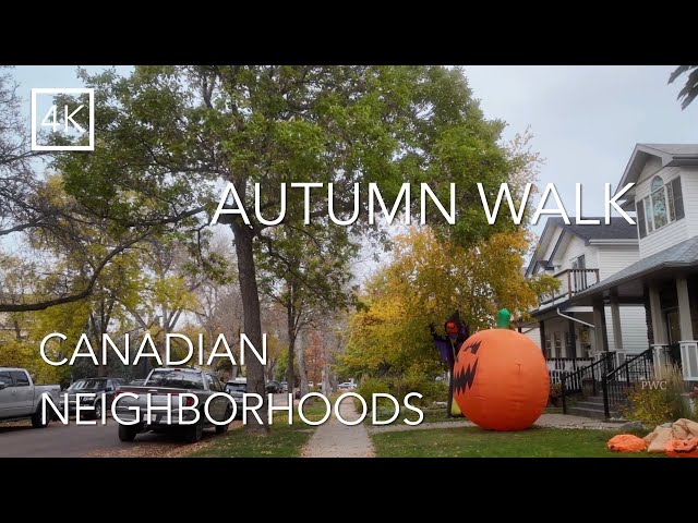 [4K Walk] 🇨🇦 ASMR 🎧 Autumn Walk with Spooky Halloween Decor | Birdsongs & Crunchy Foliage