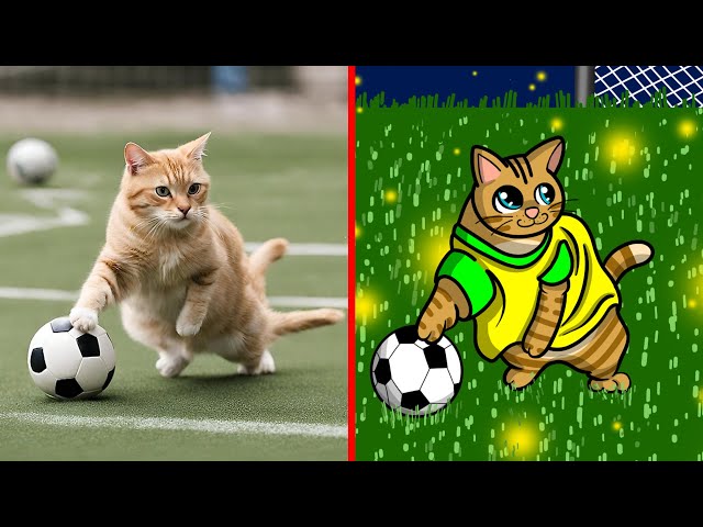 😂Cat Meme: CAT KITTENS PLAYING FOOTBALL - funny cartoon drawing meme 😂