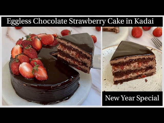 Super Soft Chocolate Strawberry Cake In Kadai | No Eggs, No Oven Chocolate Cake | New Year Special