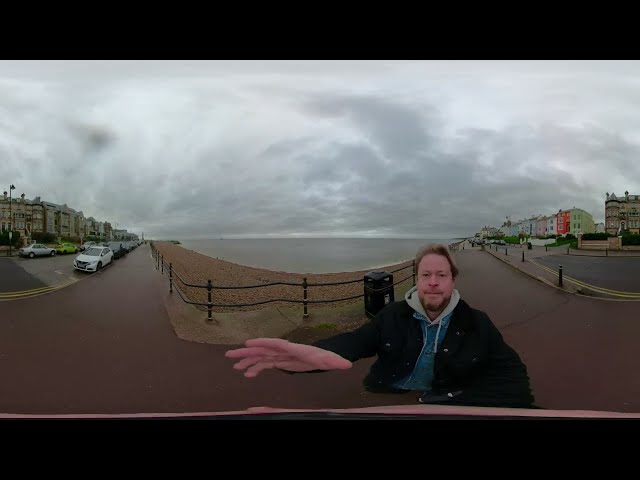 Exploring British coast.  Herne Bay local beach town. 360 travel footage.