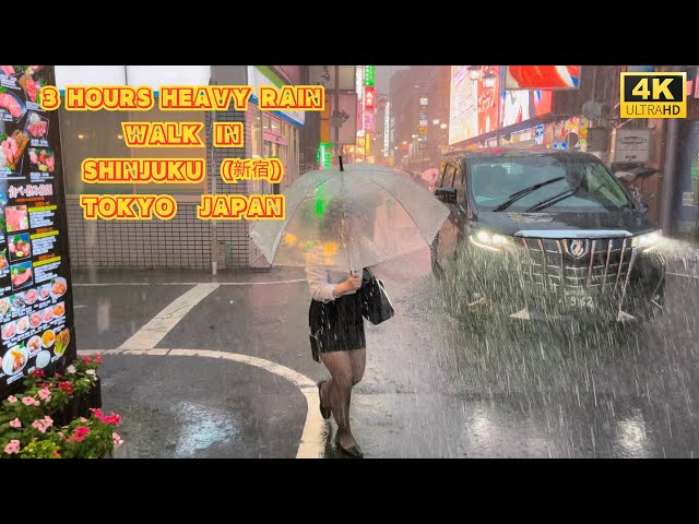 【4k hdr】 3 Hours Heavy Rain Walk in Shinjuku（新宿）Tokyo Japan | Relaxing Natural City ambience