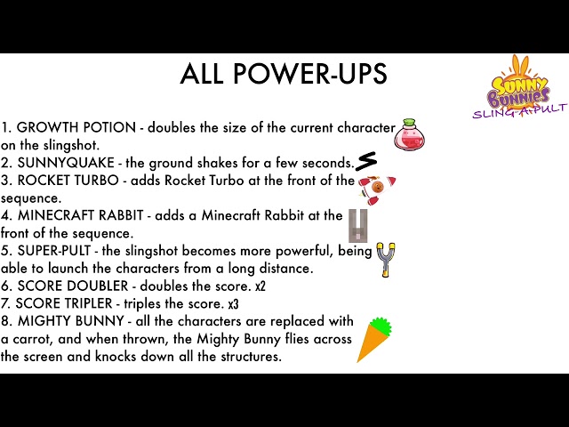 Sunny Bunnies Sling-A-Pult All Power-Ups List