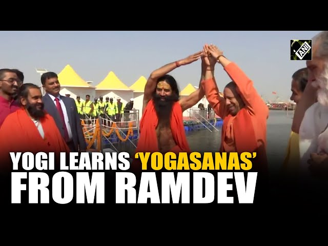 Yog guru Ramdev teaches CM Yogi ‘yoga poses’ at Prayagraj Maha Kumbh; camaraderie on display