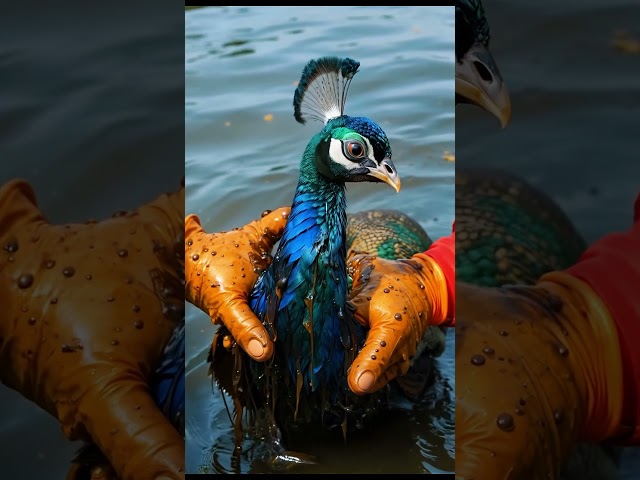 The Agonizing Cry of an Oil-Soaked Peacock! The Devastating Impact of Pollution.