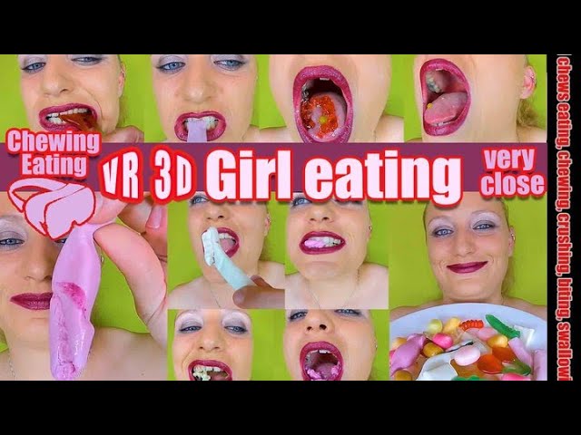 VR 3D 180  ASMR Girl Close up chewing and eating open mouth I eat and chew sweets, little gummy mice