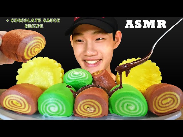 ASMR SPIRAL MANTOU, SUNFLOWER CAKE with CHOCOLATE SAUCE*RECIPE* (EATING SOUNDS)| TANTAN Twins ASMR