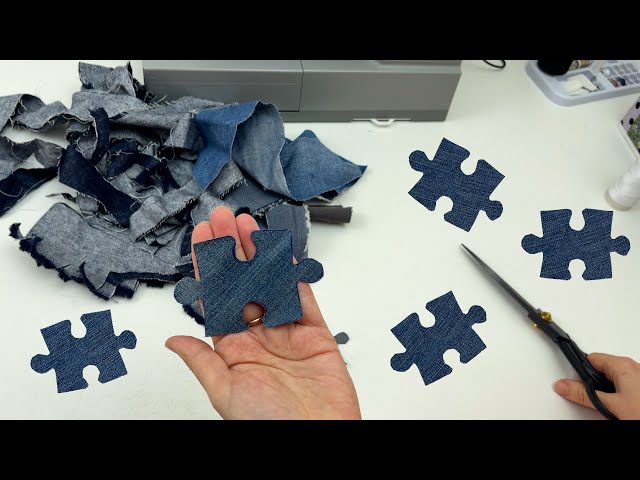 Cut out pieces of denim in the shape of puzzle pieces and sewed them together! Patchwork puzzle!