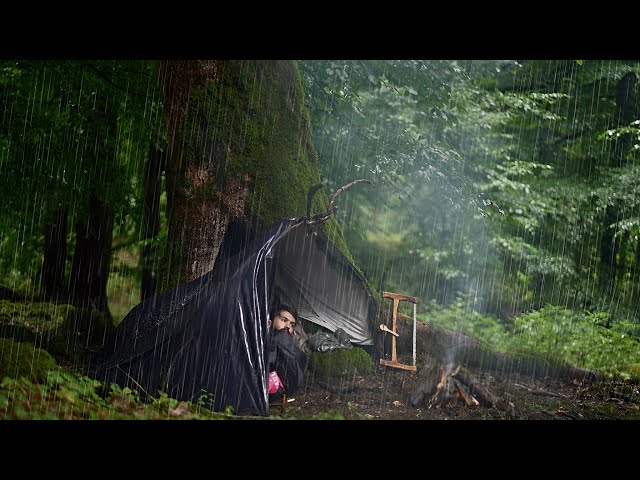 Solo Camping in Rainstorm | Building Shelter, Starting Fire, Surviving the Night