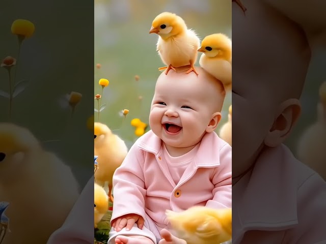 Happy cute baby. Cute baby playing happily with chicks. Such healing sounds and pictures