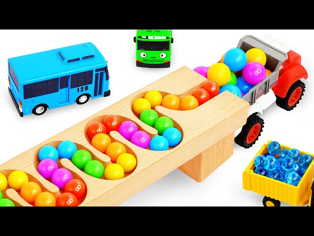 Marble Run ASMR Race ☆ HABA Slope & Dump Truck Excavator Ambulance Forklift Garbage Truck Tractors16