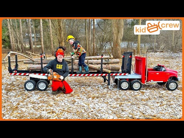 Hauling trees with kids ride on logging semi truck and cutting with chainsaw. Educational | Kid Crew