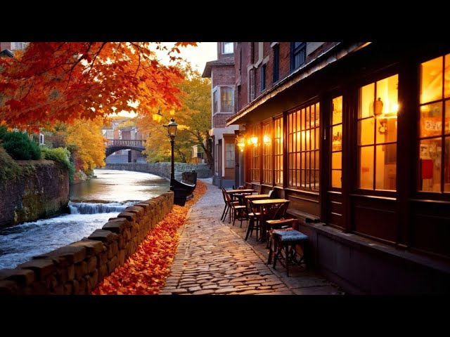 Smooth Jazz Sounds 🎹 Calm Autumn Retreat With Flowing River 🍁🛶Relaxing Coffee Shop Ambience☕