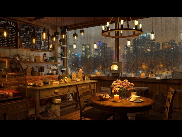 A Rainy Day in 4K Cozy Coffee Shop ❄ Background Instrumental to Relax, Study, Work