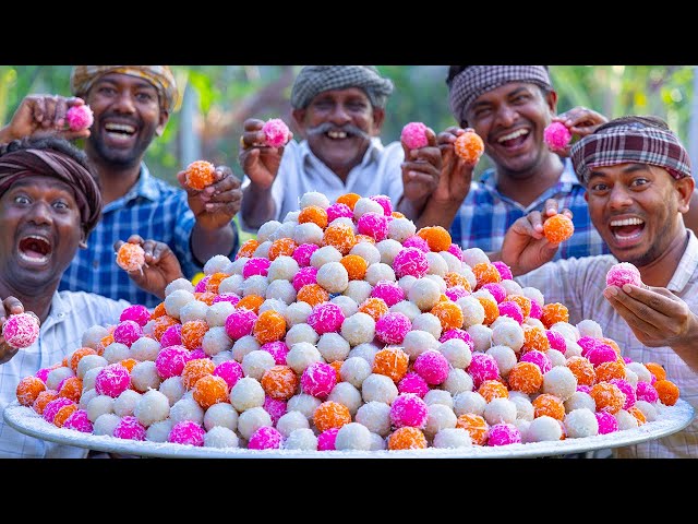 COLORFUL SWEET | Coconut Laddu Recipe Cooking in Village | Farm Fresh Coconut Nariyal Ladoo Recipe