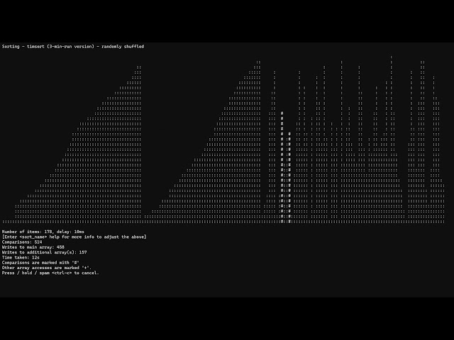 CLI visualization of 17 sorting algorithms (+5 variants) under 10 minutes