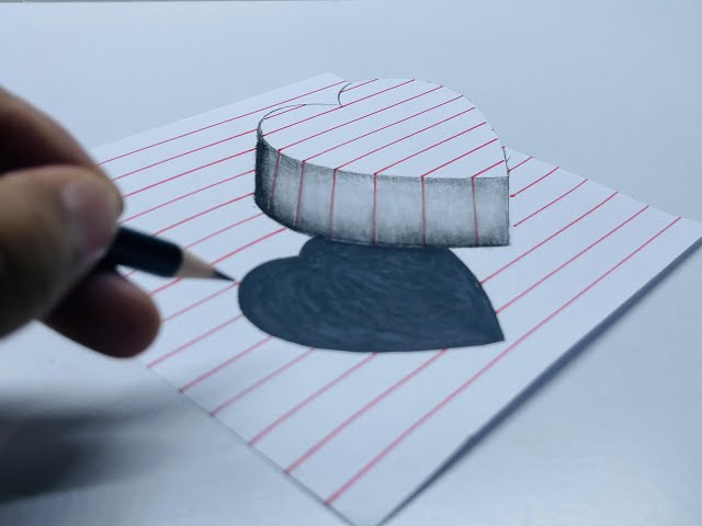 easy draw 3d heart on paper for beginners, how to draw 3D heart