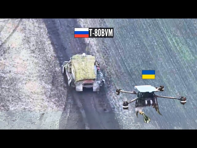 Russian T-80 Tank Reached Maximum Speed After Spotting the FPV Drone, But...