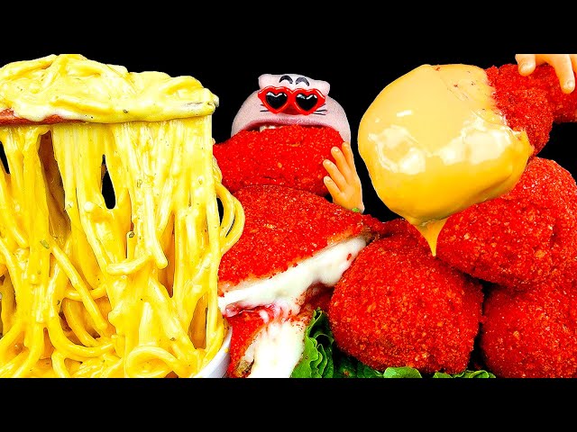 ASMR MUKBANG :) Cheetos Chicken & Pork Cutlet & Cheddar Cheese Pasta RealMouth EATING SHOW!