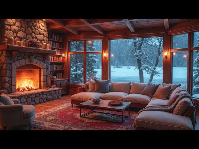 Morning Winter Mountain in Cozy Living Room Ambience 🌥️❄️Smooth Piano Music & Crackling Fireplace🔥