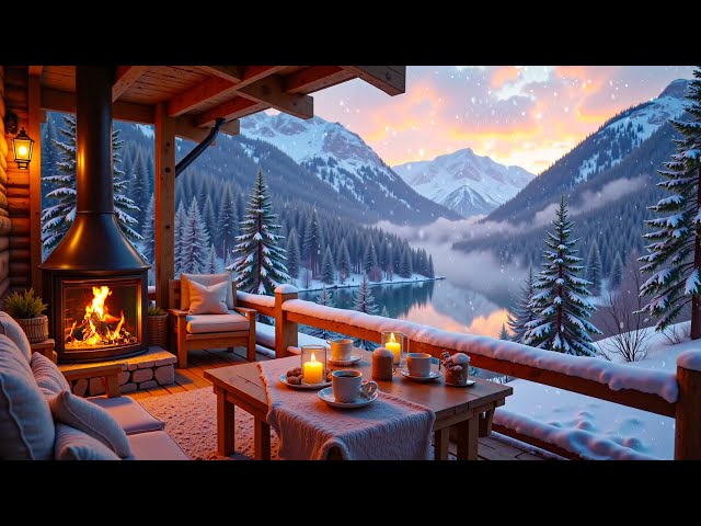 Cozy Winter Porch Ambience ⛄ Warm Piano Piano Music and Crackling Fireplace on a Snowy Day for Relax