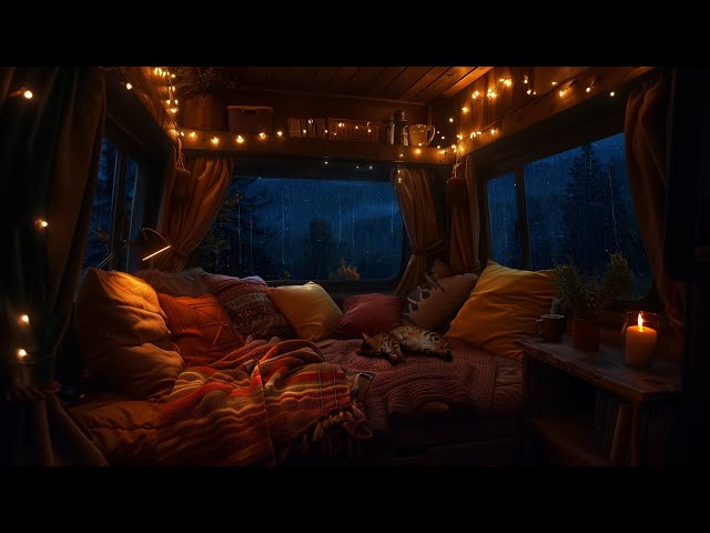 Thunderstorm in a Cozy Van - Rain, Lightning & Sleeping Cat | Night Ambience