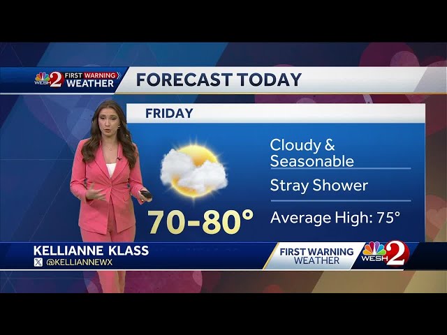 Mid 70s with a stray shower possible in Central Florida on Valentine's Day