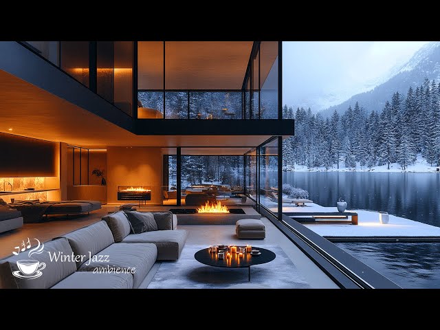 4K A Cozy Living Room Winter Ambience in Forest With Smooth Jazz For Work, Study & Chill Out