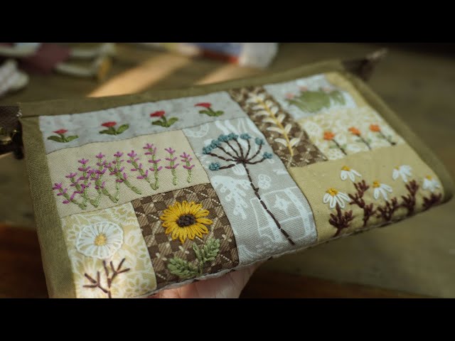 Sewing a pouch from fabric scraps with simple floral embroidery