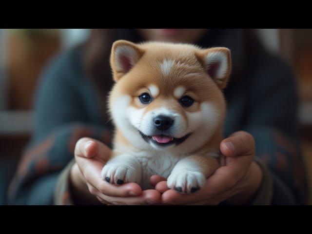 An adorable Shiba Inu puppy is being gently held by a human hand.