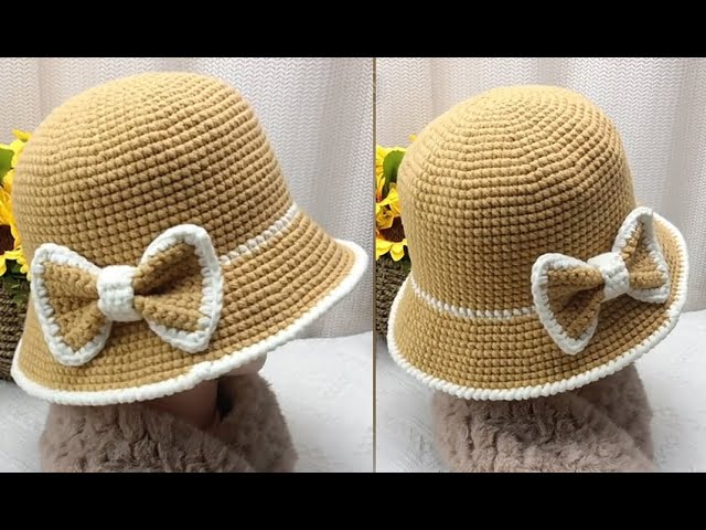 Crochet beautiful bow on the bucket hat.Crochet complete tutorial.