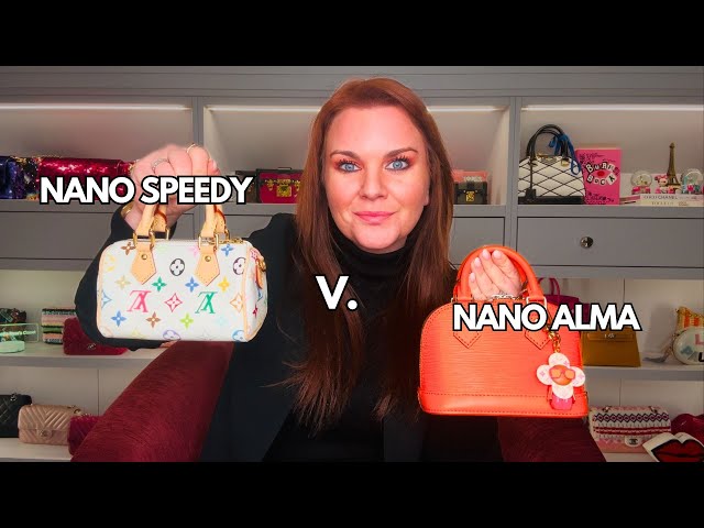 REVIEW & COMPARE THE LOUIS VUITTON NANO SPEEDY & NANO ALMA, what fits, usability, cross body...